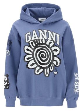 GANNI Isoli Mega Flower Oversized Hoodie Scandi Spiral Statement Graphic Sweater